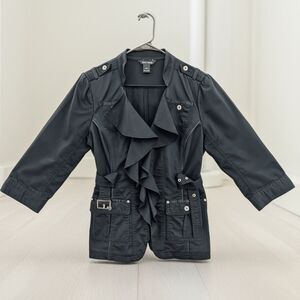 WHBM Military Ruffled Shirt Jacket Sz 8 Whimseygoth Dark Romantic Epaulettes